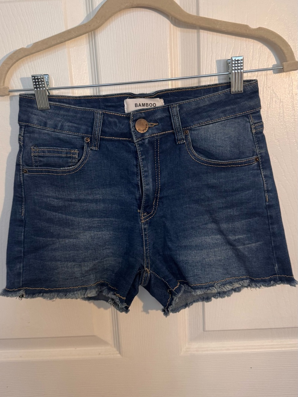 BAMBOO Dark Blue Frayed Hem Denim Shorts